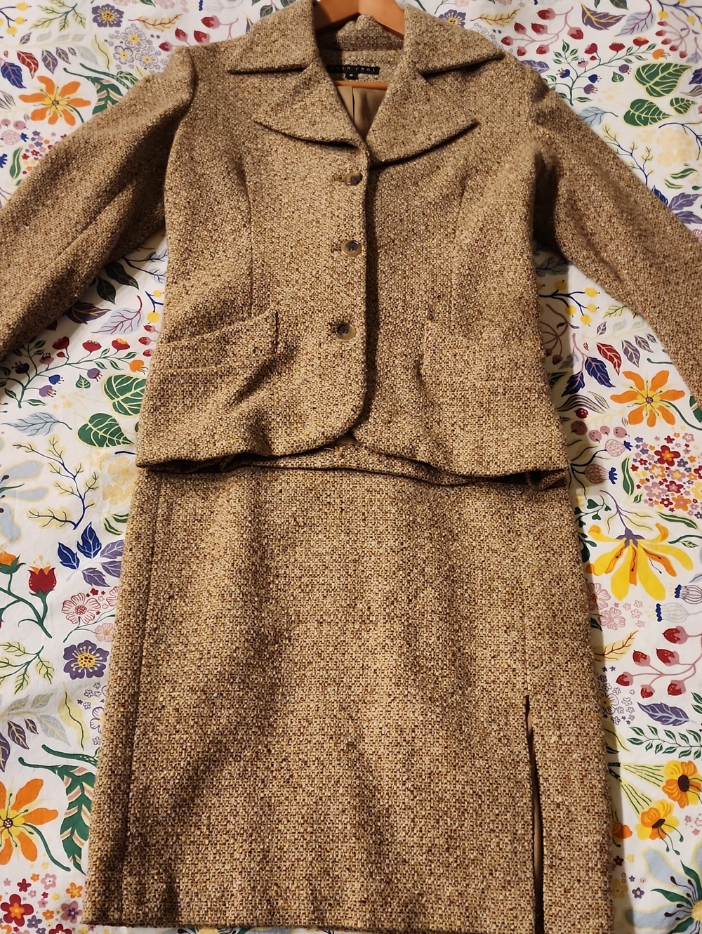 Shin Choi Tan & Brown Tweed Blazer and Skirt Suit. 6